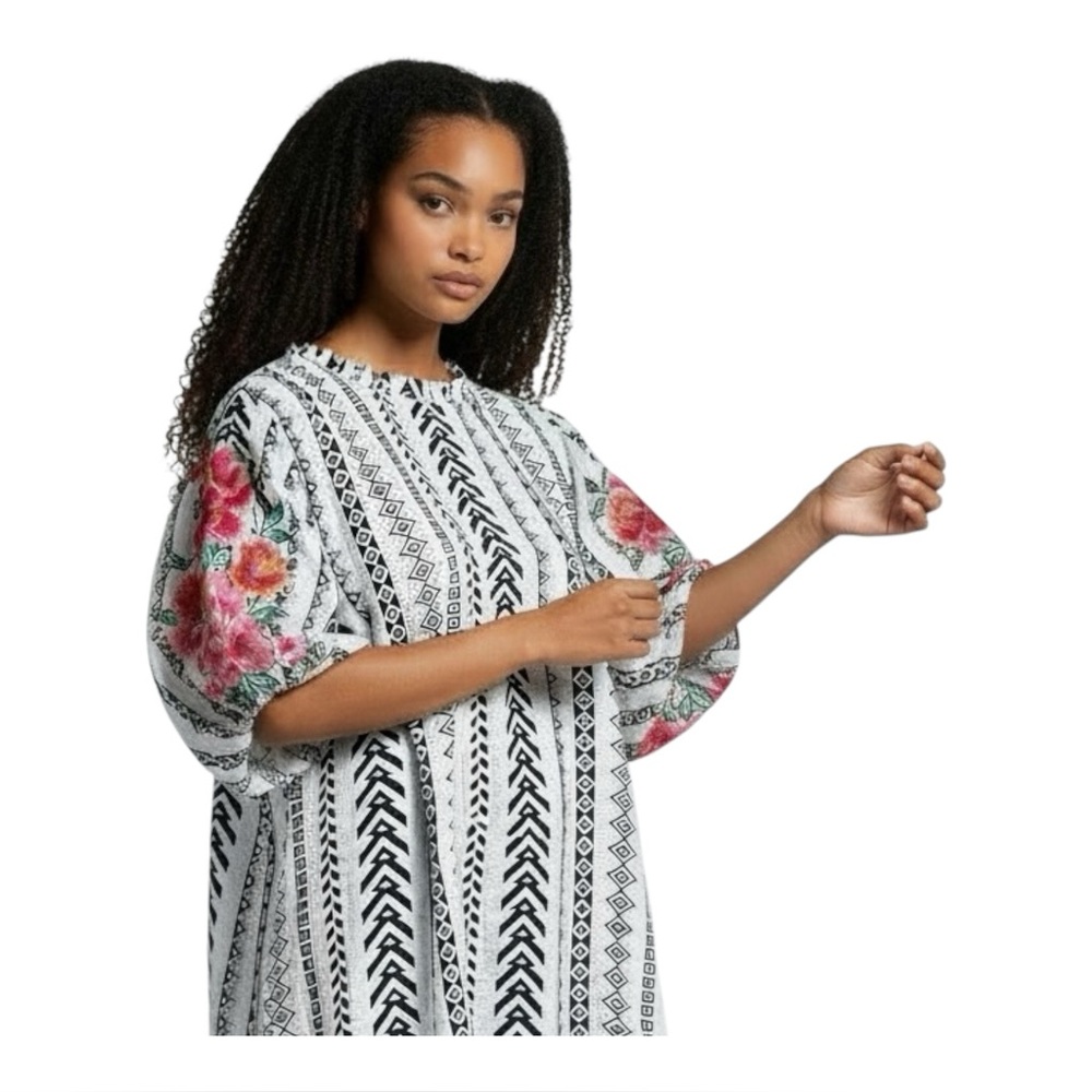 Savanna Jane Floral Embroidered Puff Sleeve Boho Aztec Print Top New With Tags